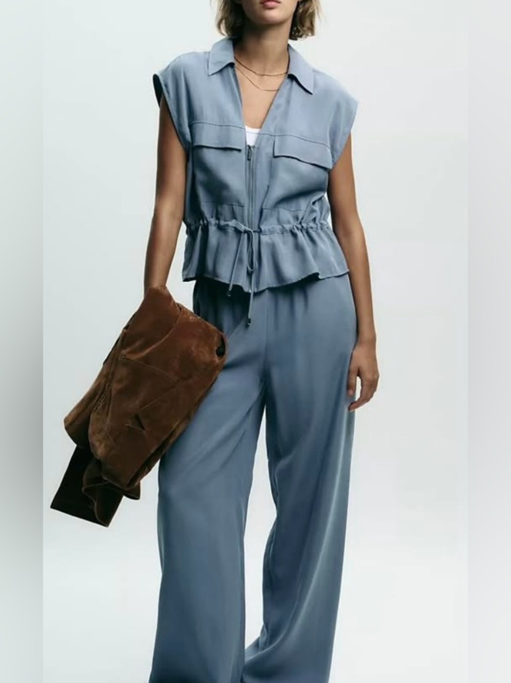 NWOT Zara Dusty Blue Modal Utility Vest & Wide Leg Pants Set | XL